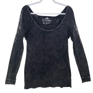 Witness Womens Acid Wash Thermal Top Rhinestone Embellished Waffle Knit Black L